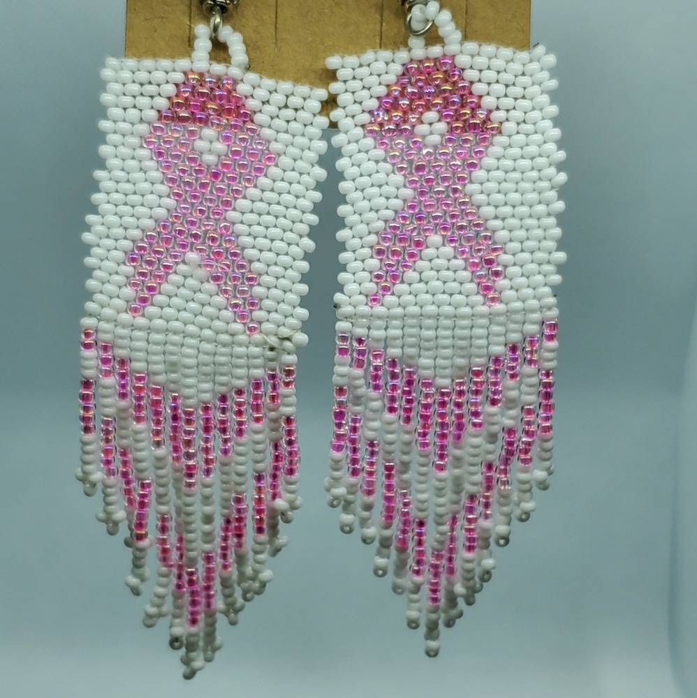 Handmade Pink Ribbon Native beaded hanging earrings